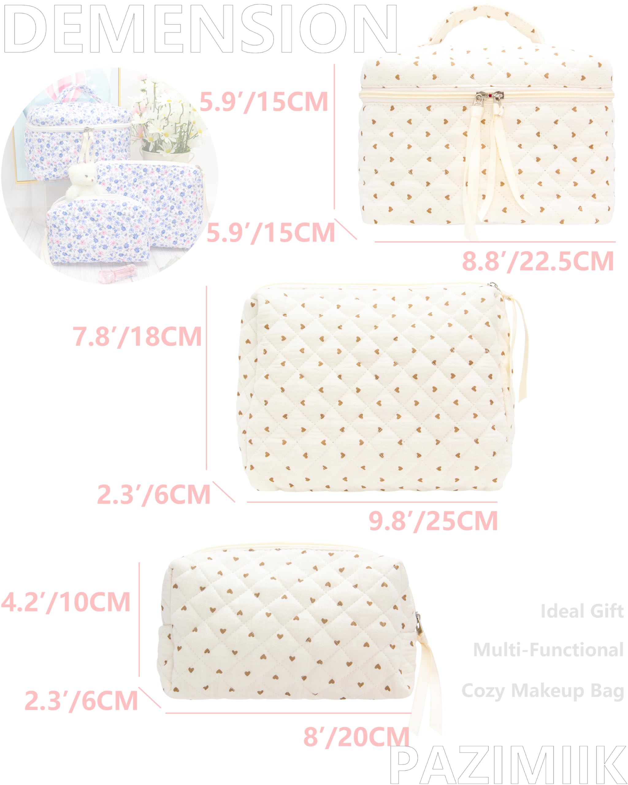3 Piece Quilted Makeup Bag Set for Women,Cosmetic&Toiletry Bag,Gauze Heart