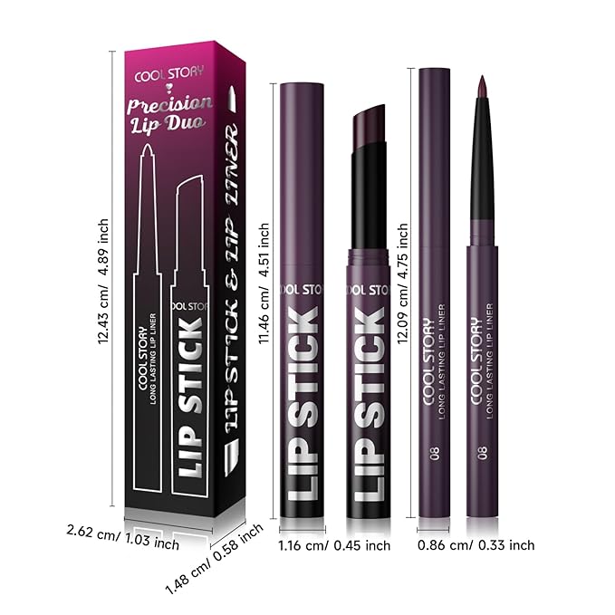 COOL STORY 2 Piece Lip Liner and Lipstick Set, Long Lasting Formula, Professional Makeup Kit (08)