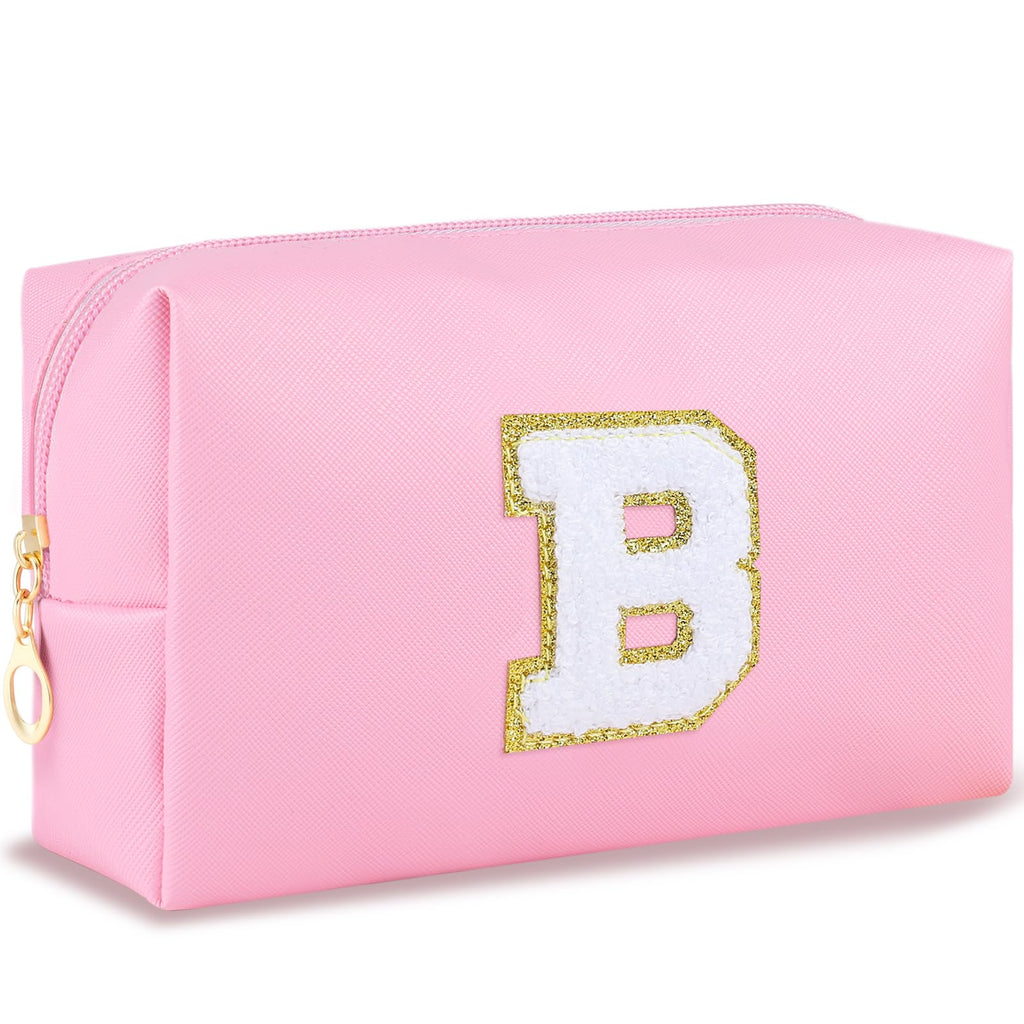 URSKYTOUS Initial Makeup Bag Personalized Preppy Travel Small Cosmetic Bag Cute PU Pink Chenille Letter Makeup Pouch for Purse Waterproof Zippered Toiletry Organizer for Women Girls Kids Friends（B）