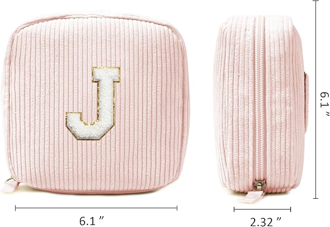 Preppy Personalized Chenille Letter Makeup Bag - Pink, Corduroy, Zipper Pouch for Women & Men (Letter J)