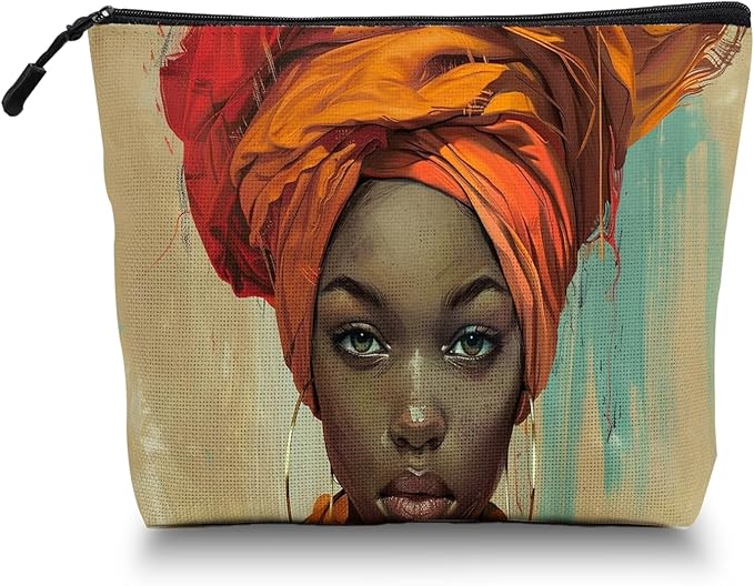 Scribesense Cosmetic Bags Travel Makeup Toilet Case Waterproof Pouch for Women Girls 6.7X9.45inches - Orange Turban And The Intense Gaze of A Lady