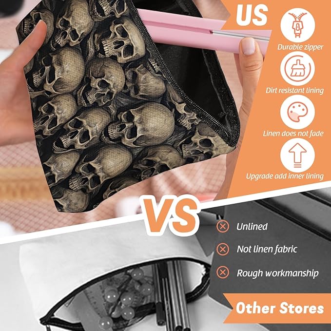 Scribesense Makeup Bag Travel Cosmetic Bags Small Makeup Case Waterproof Zipper Pouch for Women Girls 7X9inches - Array of Human Skulls in A Dark Setting