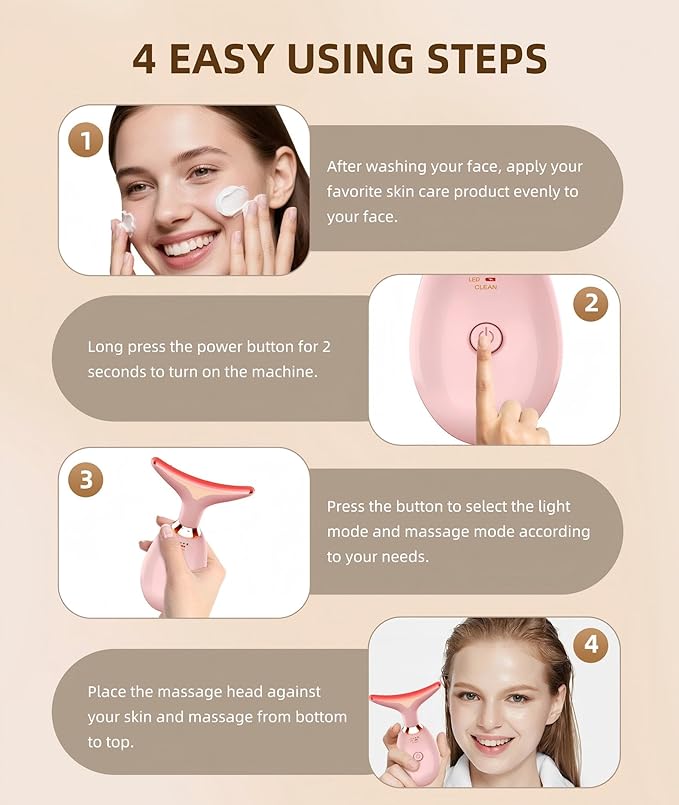 Jobazok 7 Color Face and Neck Massager Light Therapy, Red Light Based Facial Massager for Skin Care, Firming, Smoothing (Rose Golden)