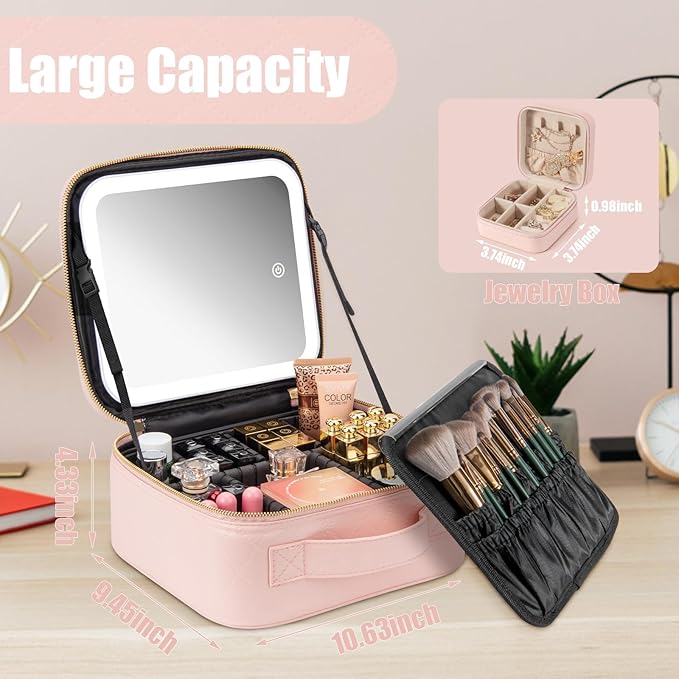 Makeup Travel Train Case with Mirror LED Light Portable Cosmetic Bag