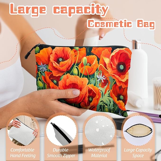 Scribesense Cosmetic Bags Travel Makeup Toilet Case Waterproof Pouch for Women Girls 6.7X9.45inches - Vibrant Orange Poppies With Greenery