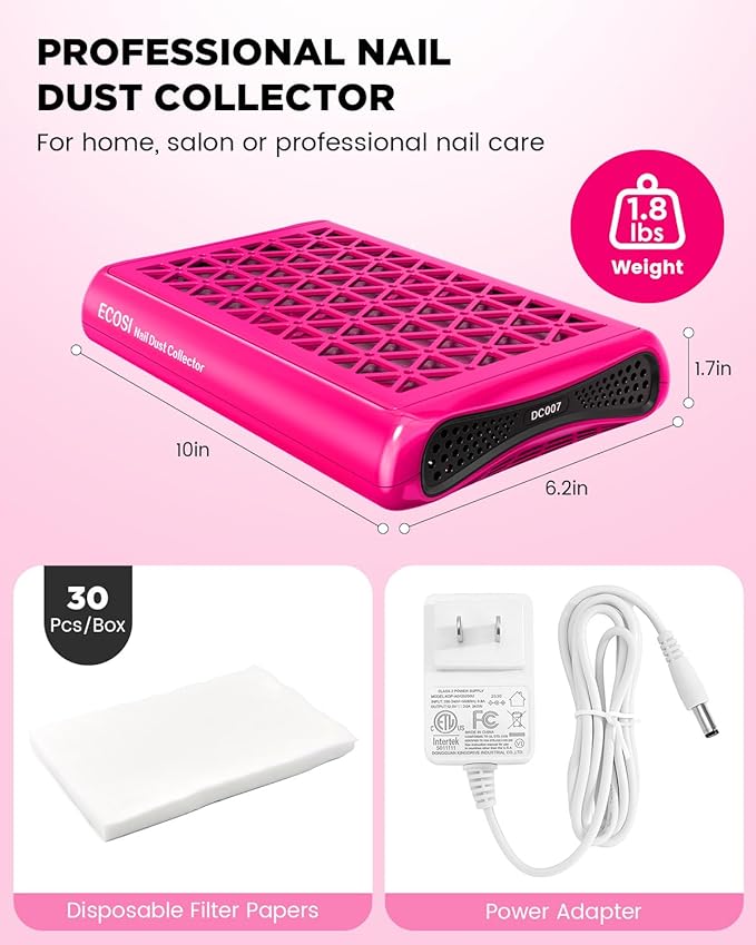 ECOSI Nail Dust Collector, 8000RPM & 1600PA Dual Turbo Professional Vacuum Fan Dust Extractor with 30 Pcs Filter Papers, Stepless Adjustable Suction for Manicure, Salon Nail Tech & Home