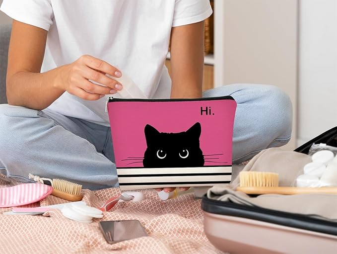 BARPERY Cute Makeup Bag - Cat Gifts for Women, Black Cat Kitty Cosmetic Pouch