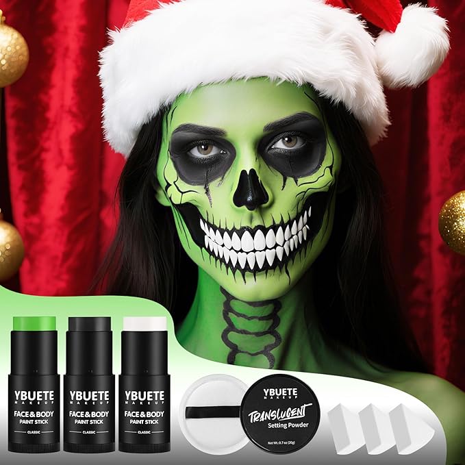 YBUETE Black White Light Green Face Body Paint Stick Set for Halloween SFX