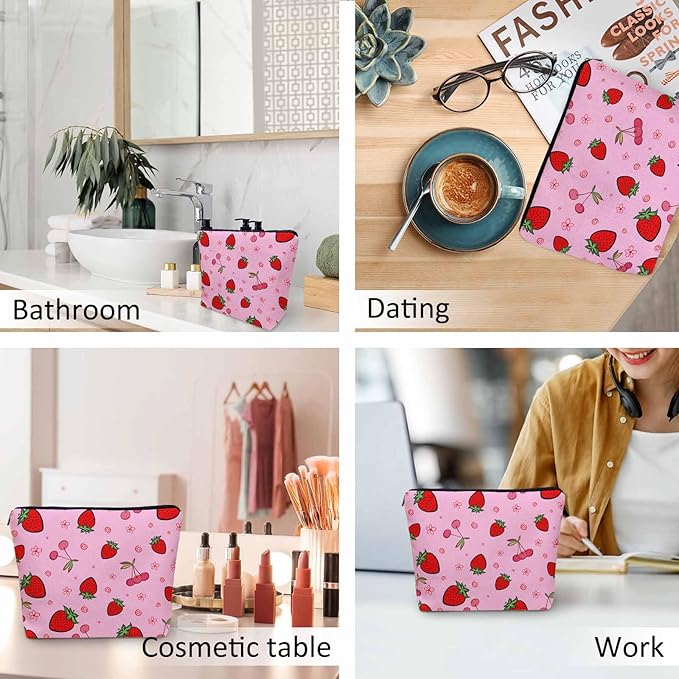 Kalygon Strawberry Makeup Bags Makeup Organizer, Summer Strawberries Cherries Pink Flax Toiletry Bags Travel Cosmetic Bag Makeup Purse Pouch Skincare Bag Wallet Bags For Women Female Mom Daughter