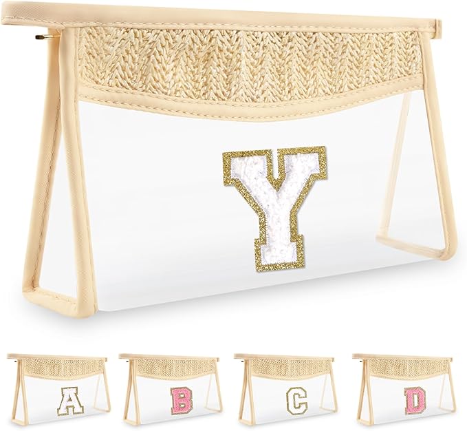 UIXIZQ Personalized Initial Letter Bag Boho Straw Clear Makeup Bag,Small Cute Chenille Varsity Letter Bag With Zipper,Beach Travel Toiletry Bag,Portable Monogrammed Cosmetic Bag for Women Girls,Y