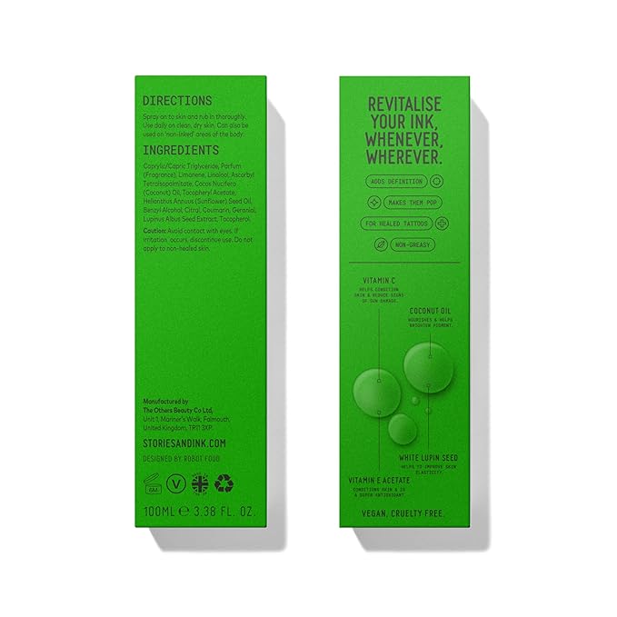 Stories & Ink Highlighting Body Oil for Faded and Healed Tattoos, Refreshes Tattoo Color and Adds Natural Glow, Lightweight Tattoo Care Oil, Vegan, 3.4 Fl Oz / 100ml