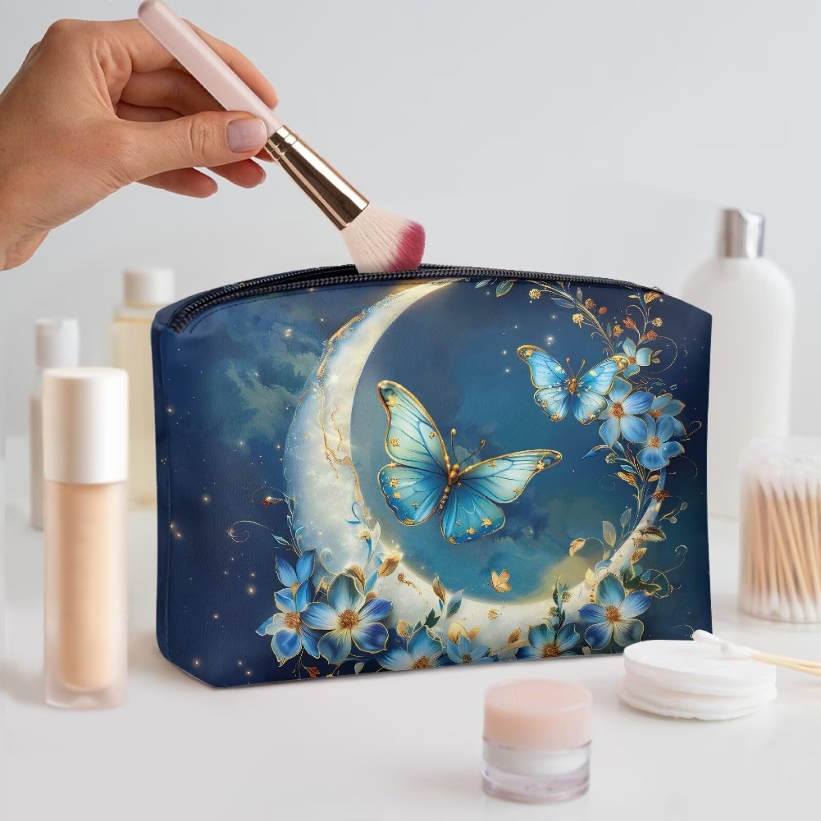 COEQINE Travel Makeup Bag for Women Large Leather Cosmetic Bag with Moon And Butterfly Gothic Makeup Case for Ladies Wallet Handbag