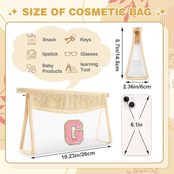 Small Boho Straw Initial Letter Makeup Bag Personalized Gift,Cute Clear Chenille Patch Makeup Bag With Zipper,Trendy TSA Approved Travel Toiletry Bag,Gift for Women Girls Birthday Friend, Letter G