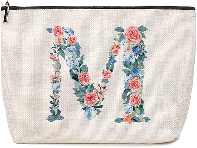 Personalized Initial Letter M Makeup Bag Floral Travel Cosmetic Bag
