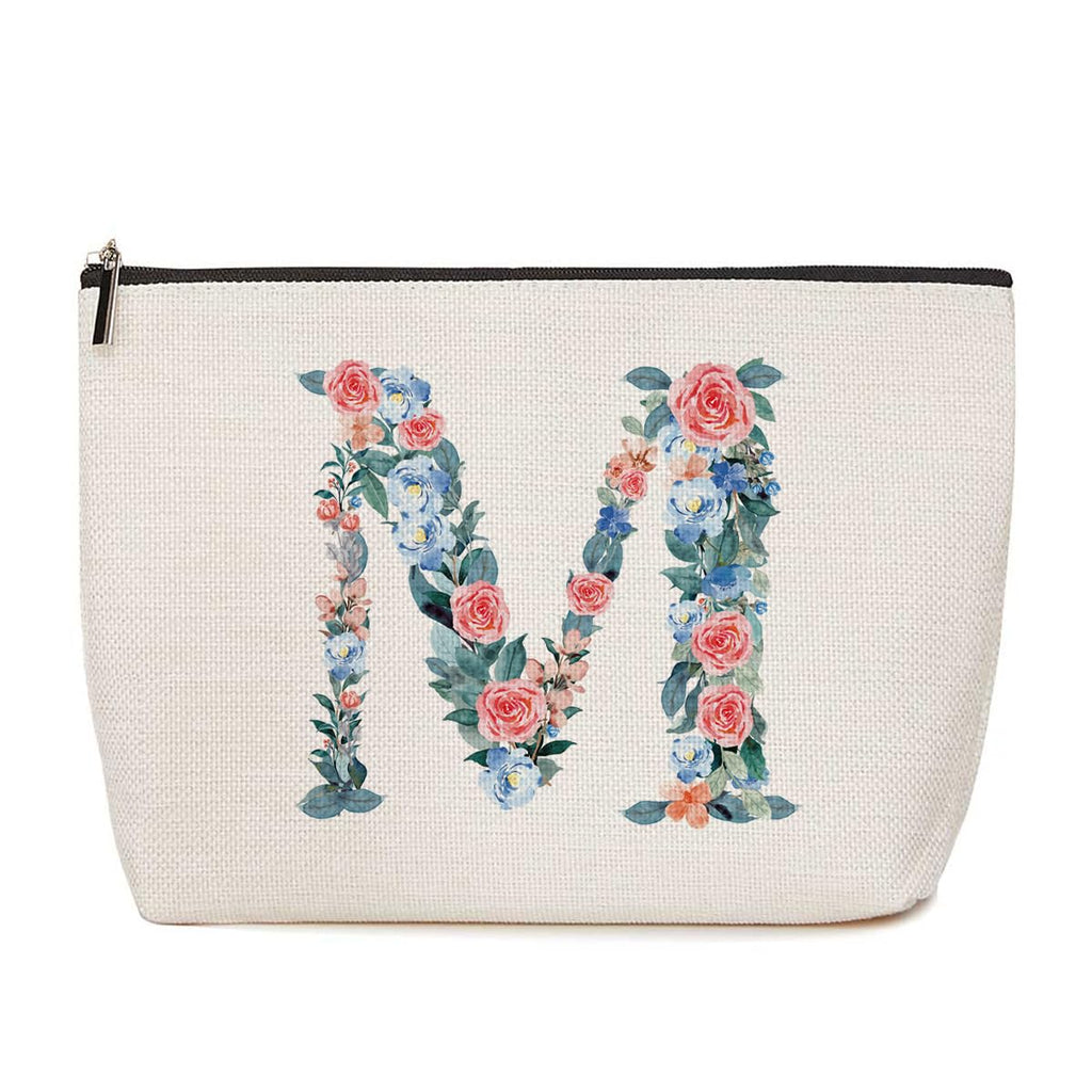 Personalized Initial Letter M Makeup Bag Floral Travel Cosmetic Bag