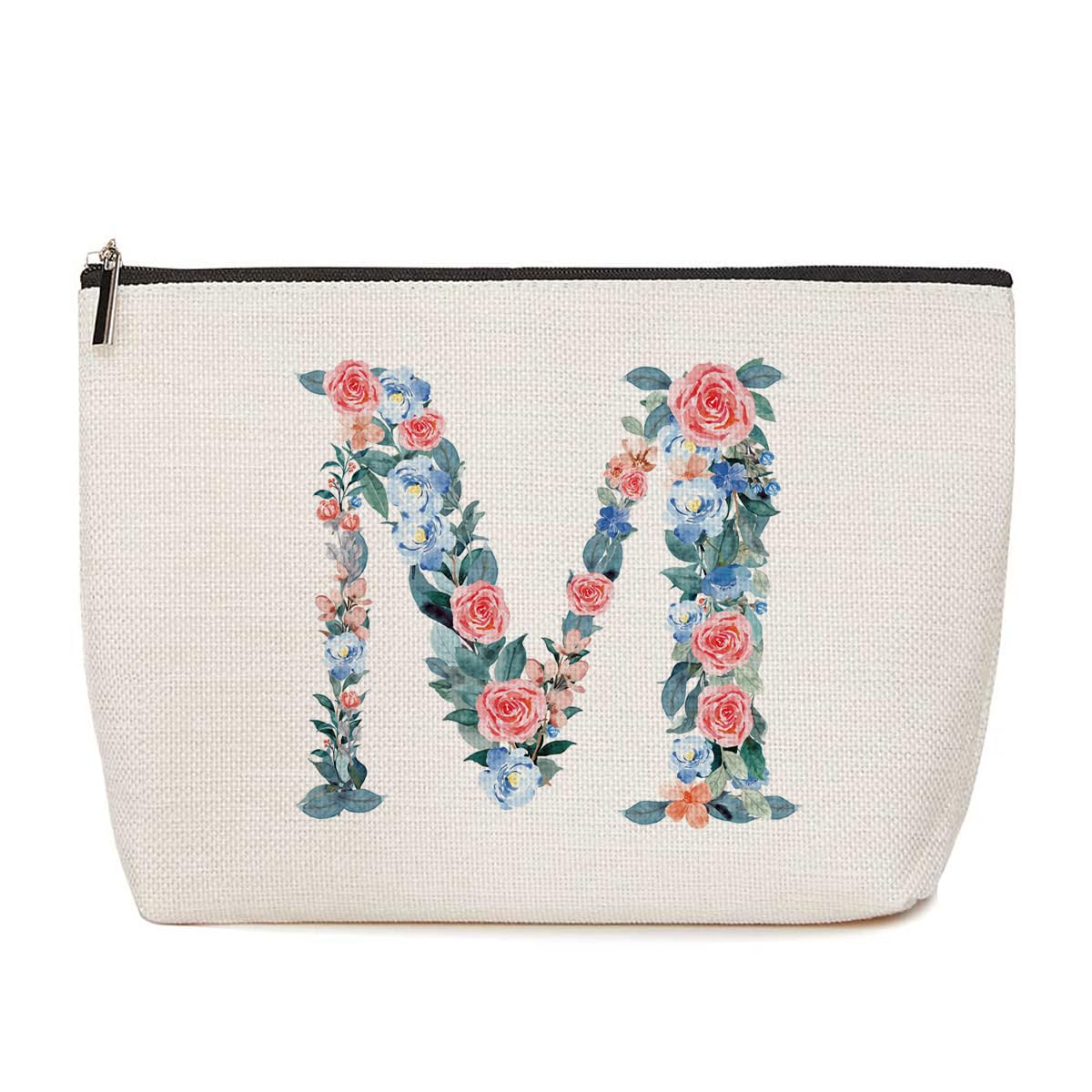 Personalized Initial Letter M Makeup Bag Floral Travel Cosmetic Bag