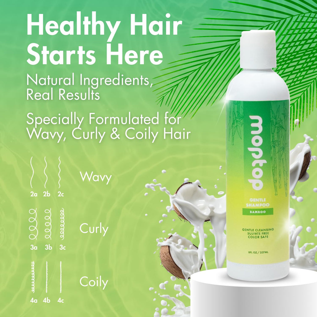 MopTop Gentle Shampoo – Every Day Curly Hair Sulfate Free Shampoo, Improves Moisture & Reduces Frizz, Paraben Free Natural Hair Products for Straight, Wavy, Curly, Coily Texture (Bamboo, 8oz)