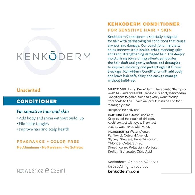 Kenkoderm Conditioner for Sensitive Hair & Skin with 3 Percent Salicylic Acid, Anti-Dandruff Deep Moisturizer for Itchy or Dry Scalp Relief, Color & Fragrance Free, 8-Ounce Tube