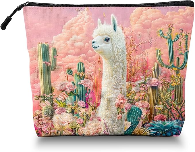 Scribesense Cosmetic Bags Travel Makeup Toilet Case Waterproof Pouch for Women Girls 6.7X9.45inches - White Alpaca Stand BetweenFlowers And Cacti