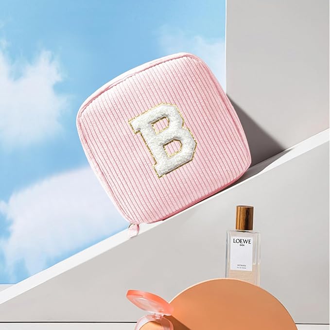 Cute Monogram Personalized Initial Makeup Bag - Pink Cosmetic Pouch Make Up Case for Her Best Friend, Sister, Teacher - Birthday Gifts (Letter B, Pink)