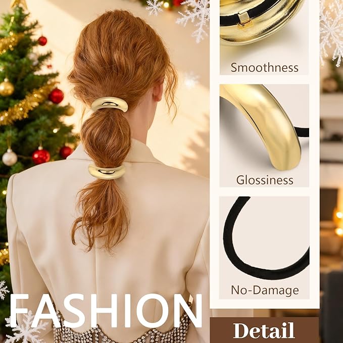 4PCS Gold Hair Ties, Metal Hair Ties for Thick Hair, Elegant Durable Round Geometric Design Hair Cuffs, Gold Hair Accessories Stretchy Non-Damage Ponytail Holders