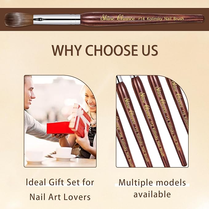 Shine Chance Acrylic Nail Art Brush Size 12, 100% Pure Kolinsky Hair Oval Nail Brush for Acrylic Application, Professional Nail Extension Manicure Tool Striping Nail Drawing Pen for DIY Home