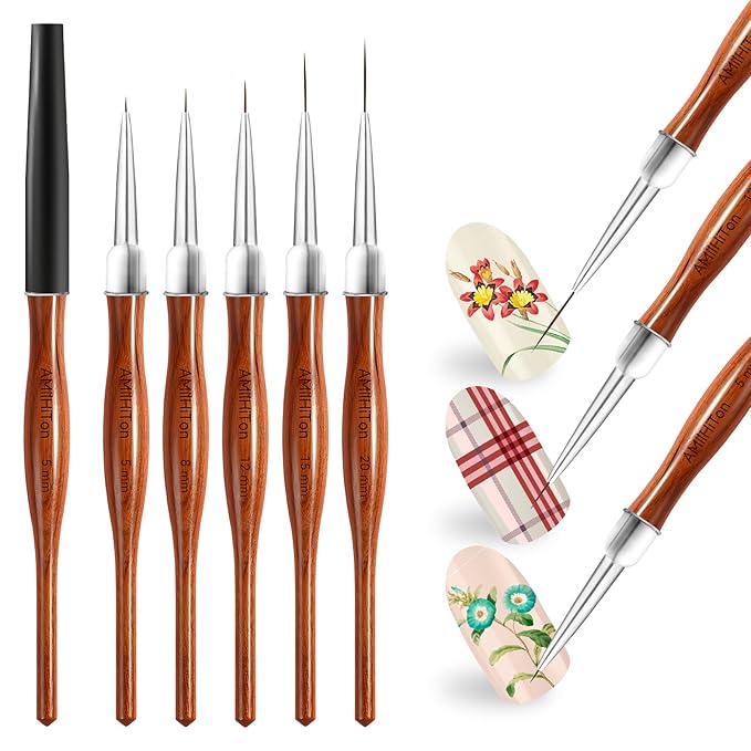 AMilHiTon 5PCS Nail Art Liner Brushes, 5-20mm, Wood Color