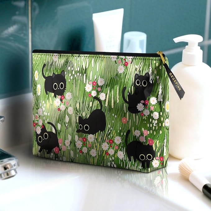 GEGEPINK Cute Makeup Bag for Purse Waterproof Cosmetic Bags for Women Funny Smooth Zipper Travel Toiletry Pouch 10X8 Inches-Black Cat Floral Makeup pouch