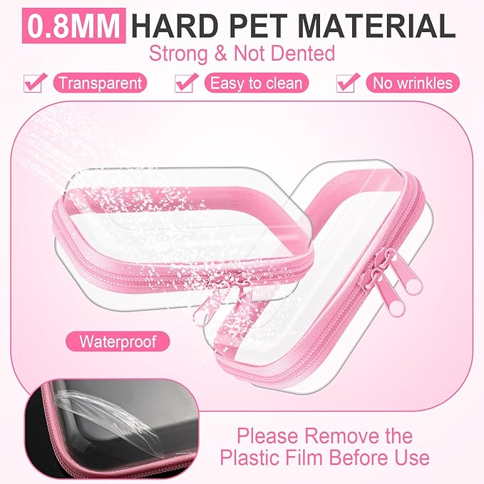 Hoolerry 3 Pcs Clear Hard Zipper Case Hard Plastic Zipper Pouch Makeup Bag Portable Travel Organizer for Cosmetics, Office Supplies, Documents & Toiletries(Pink,Xs)