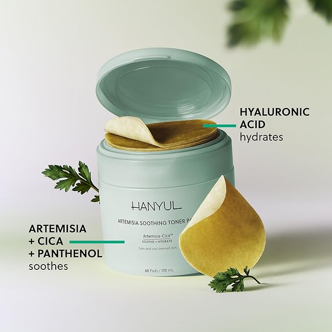 HANYUL Artemisia Soothing Toner Pads with Centella Asiatica & Hyaluronic Acid | Hydrating & Soothing Pre-Makeup Korean Toner Pads to Calm Visible Redness | for All Skin Types | 60 Pads