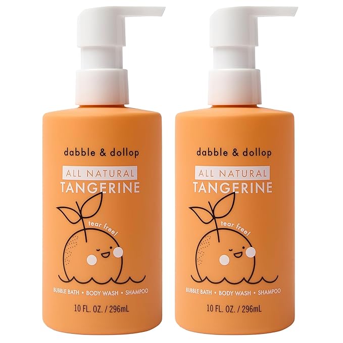 Dabble & Dollop Tangerine Kids 3-in-1 Body Wash, Shampoo & Bubble Bath – Tear-Free, Gentle, Natural-Origin, Hypoallergenic and Safe for Sensitive Skin (10 fl oz, Pack of 2)