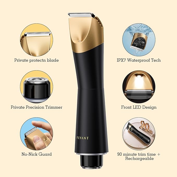 Bikini Trimmer for Women, Flyant 2 in 1 Electric Shaver for Women, Pubic Hair Trimmer Waterproof IPX7 with LED, Bikini Razor for Leg Arm Underarm Bikini Area, Christmas Gifts for Her - Black Gold