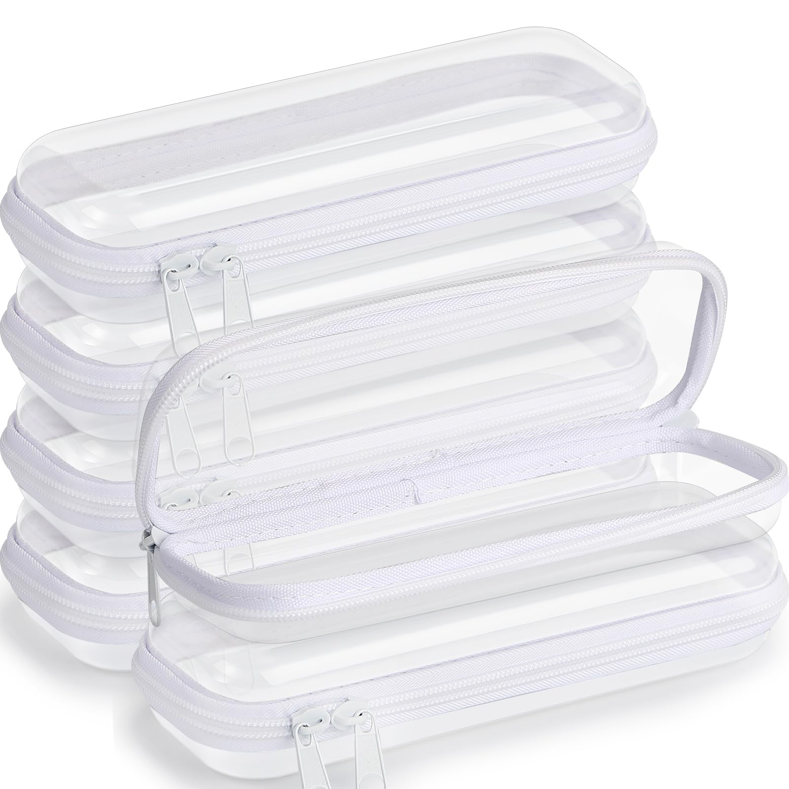 Sanwuta 6 Pcs Clear Hard Zipper Case Plastic Zipper Pouches Transparent Makeup Bag Pencil Case Pouches Toiletry Diaper Bag for Travel Toy Storage Organizer Bins(White,7.87 x 2.56 x 1.57 Inch)