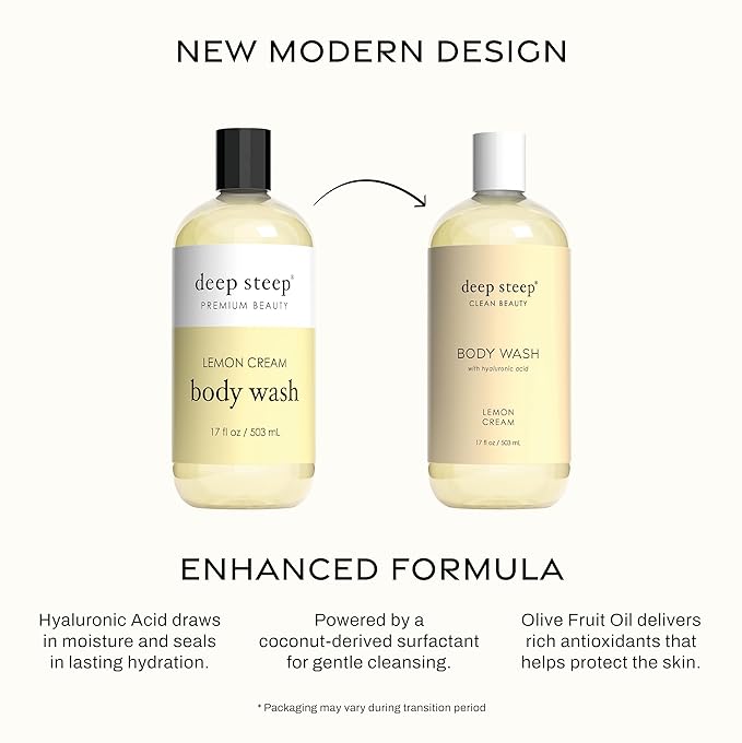 Deep Steep Lemon Cream Body Wash, Hydrating Shower Gel with Hyaluronic Acid & Shea Butter for Sensitive Skin, Bodywash for Women & Men, 17 Fl Oz, 1-Pack