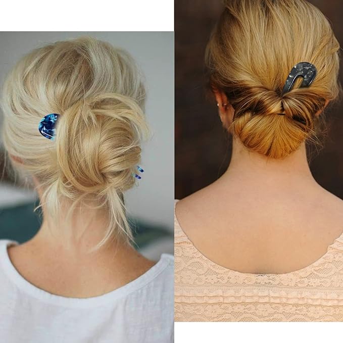 HYFEEL French Hair Forks Tortoise Shell U Shape Updo Hair Pins Clips for Thin Thick Hair, Long Classic 2 Prong Bun Hair Sticks Chignon Women Vintage Hairstyle Accessories, 3 Pack (Blue Brown Black)