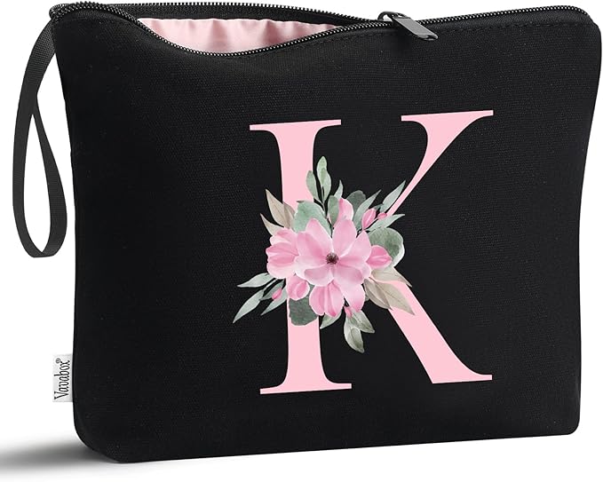 Vavabox A-Z Personalized Makeup Bag, Birthday Gifts for Women Mom, Gifts for Best Friend, Bride Bridesmaid Cosmetic bag (K, 02-Black)