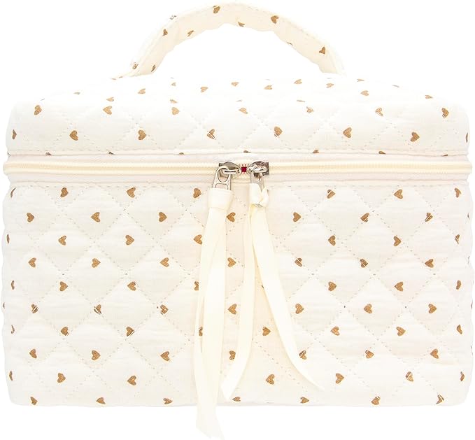 Quilted Makeup Bag for Women, Travel Cosmetic&Toiletry Bag,Gauze Heart