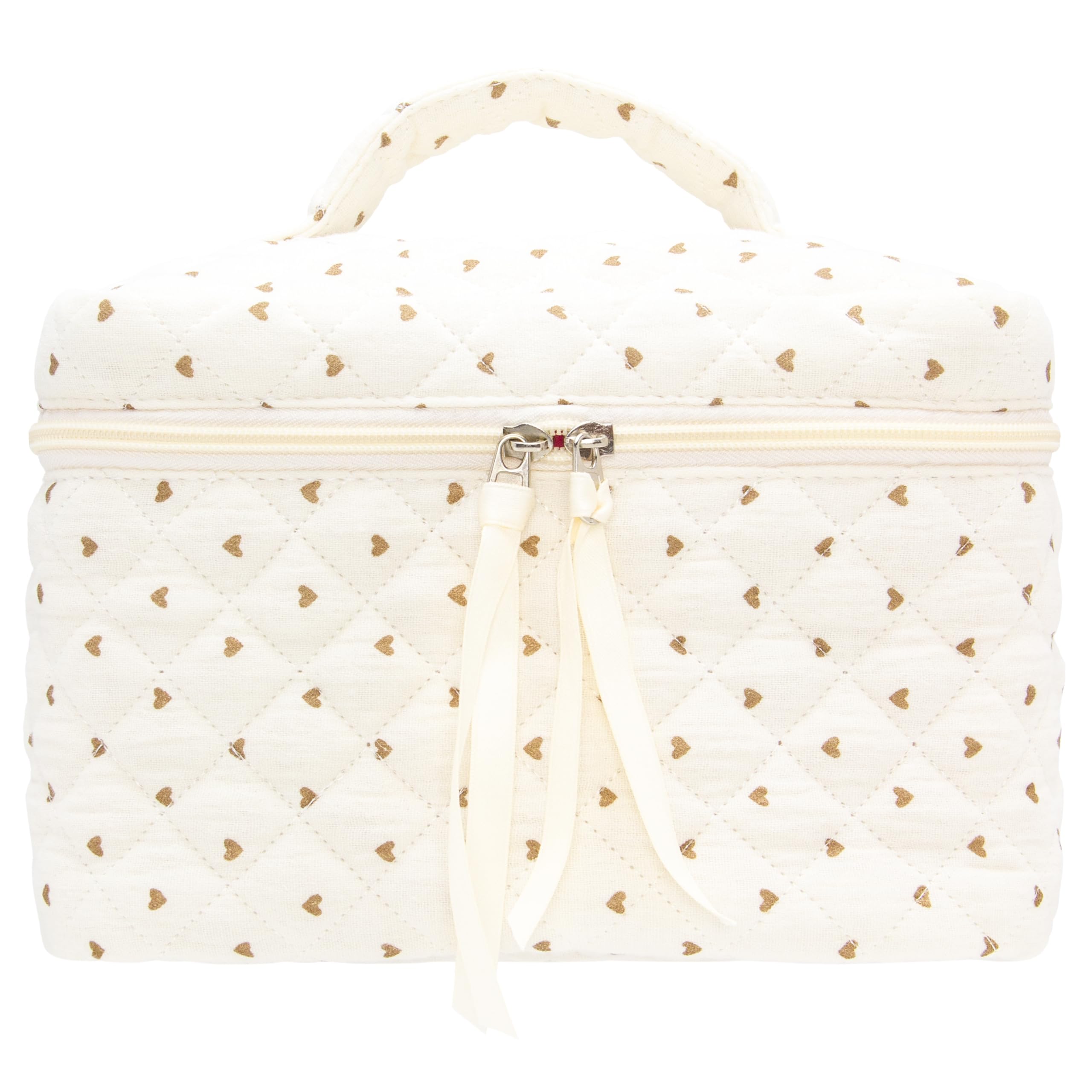 Quilted Makeup Bag for Women, Travel Cosmetic&Toiletry Bag,Gauze Heart
