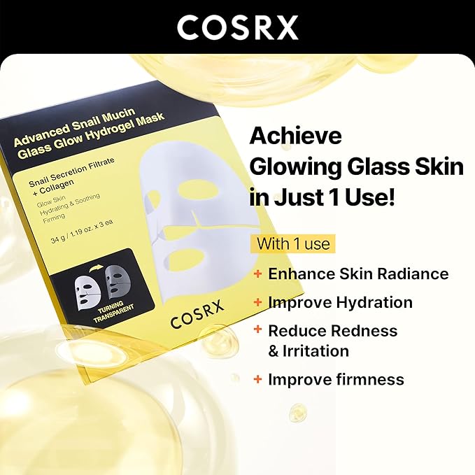 COSRX Advanced Snail Mucin Glass Glow Hydrogel Face Masks Skincare 3 EA
