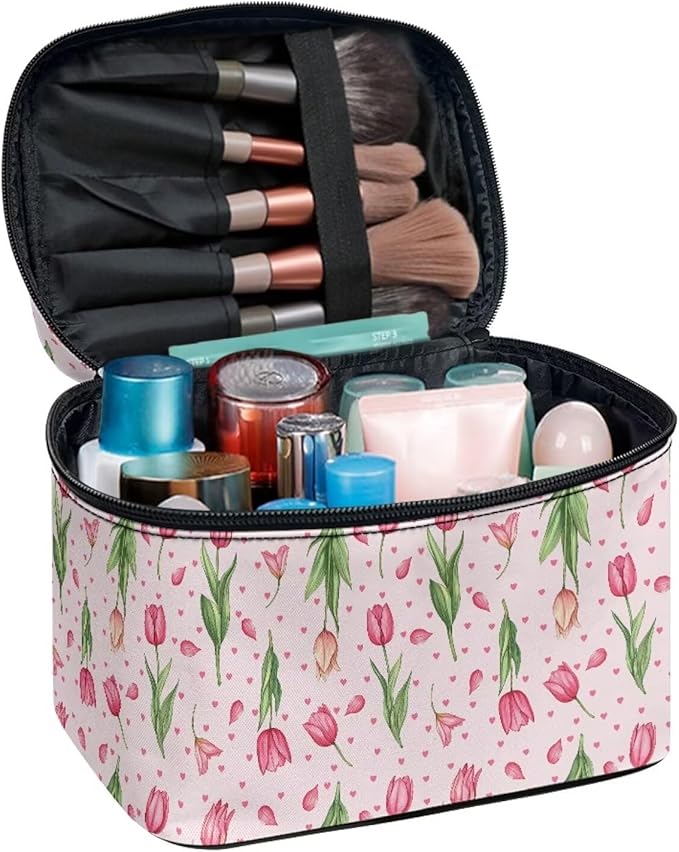 Drydeepin Pink Tulip Floral Heart Print Travel Makeup Bags for Women Portable Tote Cosmetic Case with Carry Handle Toiletry Accessories Storage Organizer Bags for Valentine's Day Mother's Day