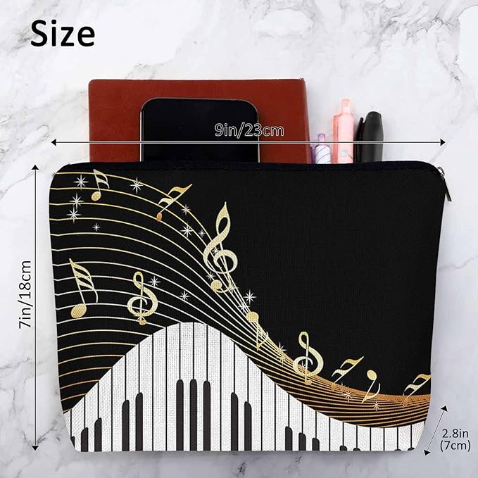 Kalygon Women Makeup Organizer Bag Piano Music Notes Instrument Piano Flax Cosmetic Bag Makeup Bags Toiletry Bag Accessories Organizer Travel Bags For Home Bathroom Office Hotel Gym Black Golden