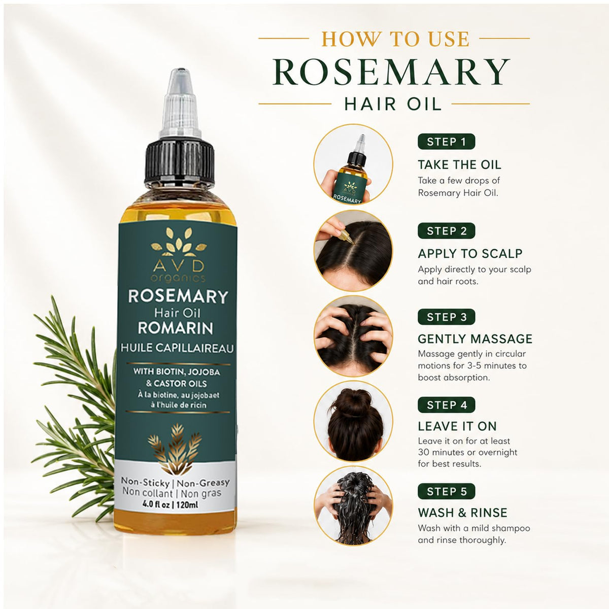 AVD ORGANICS Rosemary Oil for Hair Growth & scalp | Infused with Biotin | Hair Strengthening, Nourishing and Volumizing | infused with Jojoba & Castor Oil | NON - GMO 120ml
