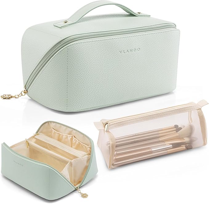 VLANDO Makeup Bag,Travel Toiletry Bag,Cosmetic Bag for Women PU Leather Portable Make up Bag for Skincare, Brushes & Travel Essentials-Mint Green