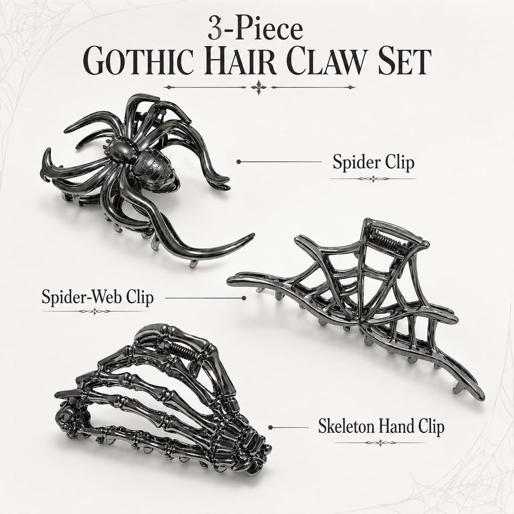 Parcce 3 Pieces Large Metal Spider Net Hand Hair Claw Clips for Women and Girls Thick Long Hair, Nonslip Skeleton Spooky Barrette Headband Hair Styling Accessories for Halloween