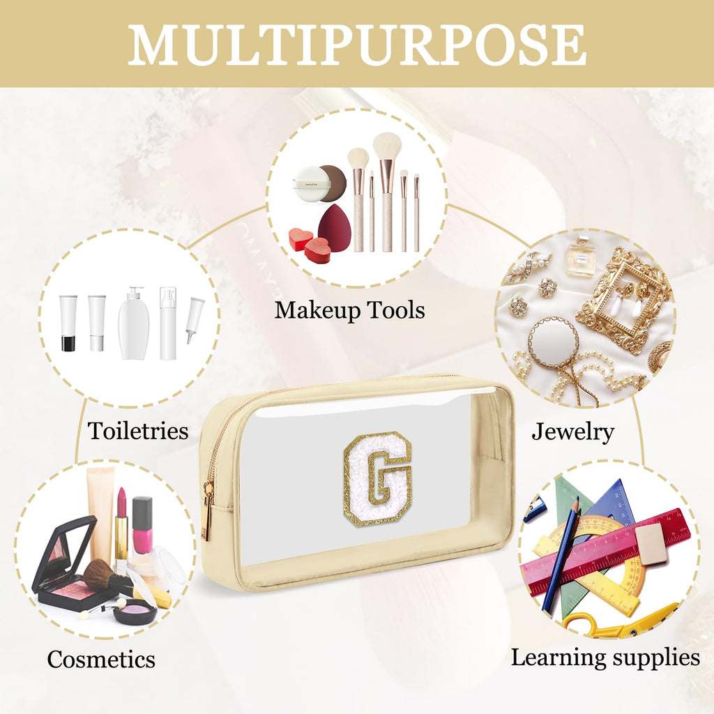 Small Clear Personalized Initial Makeup Bag,Nylon Preppy A-Z Chenille Letter Patch Cosmetic Pouch Beach Toiletry Bag,Waterproof Zipper Travel Purse Storage Bag Organizer for Women Girls(Beige-White G)