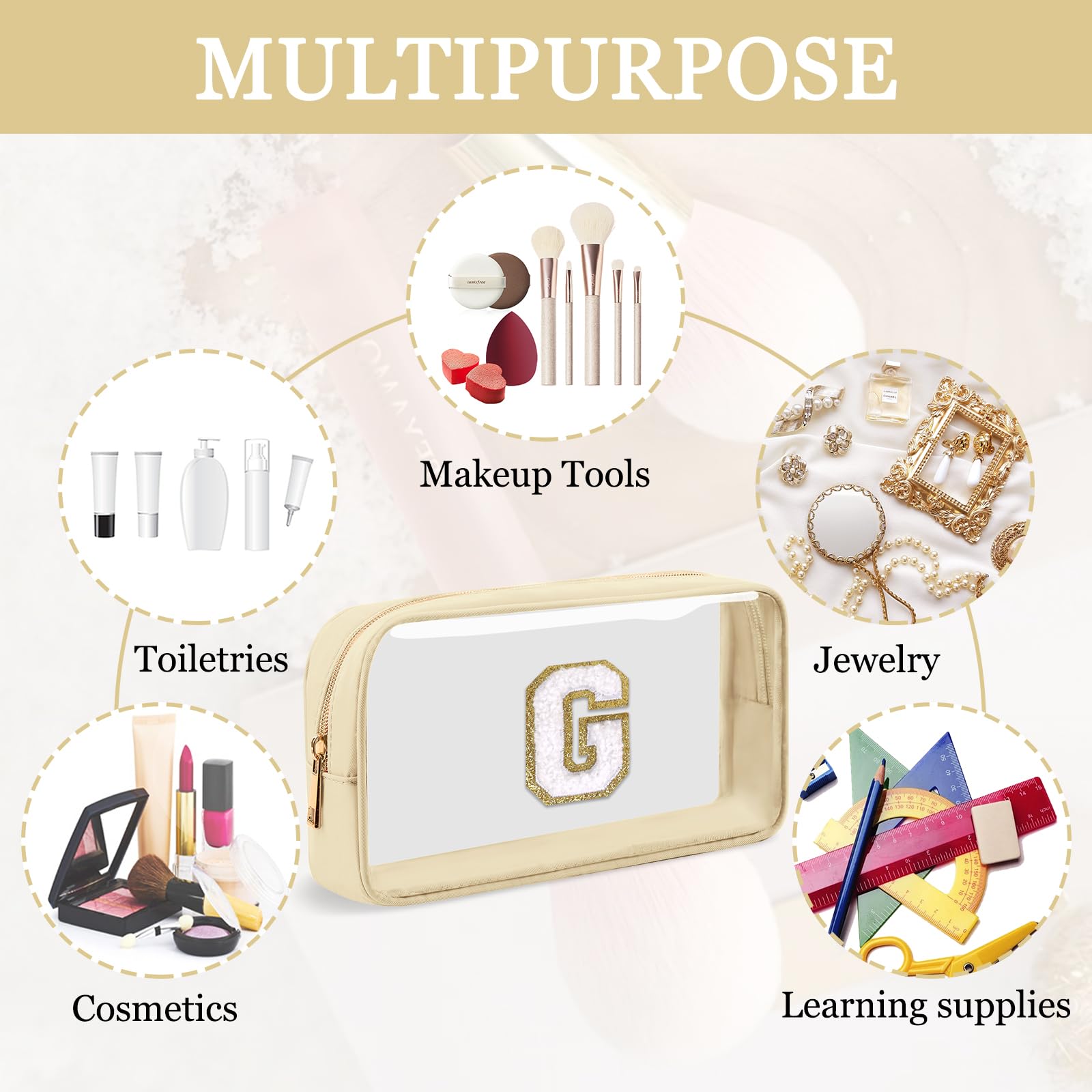 Small Clear Personalized Initial Makeup Bag,Nylon Preppy A-Z Chenille Letter Patch Cosmetic Pouch Beach Toiletry Bag,Waterproof Zipper Travel Purse Storage Bag Organizer for Women Girls(Beige-White G)