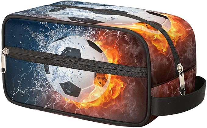 Bardic Fire Soccer Ball Portable Travel Toiletry Bag, Ice Fire Football Dopp Kit Cosmetic Organizer Makeup Bag Shower Shaving Bag for Men Women
