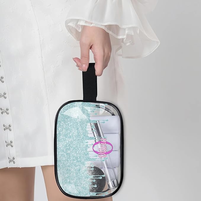 KFNHN Custom Clear Makeup Toiletry Bag, Personalized Travel Cosmetic Organizer Case Portable Bag with Zipper, Lavender Purple, Light Blue Curtain Glittering