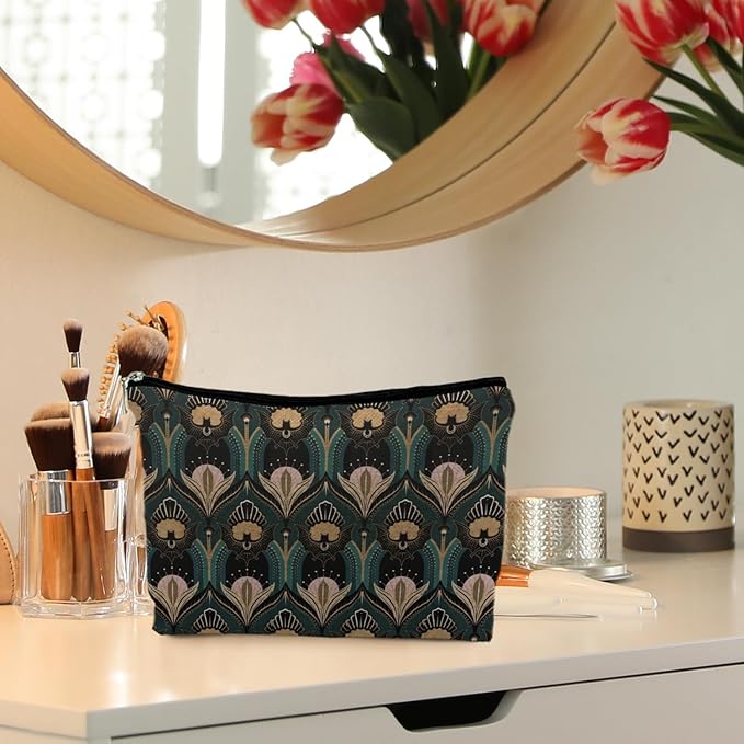 RYYCDOI Witchy Goth Makeup Bag, Vintage 1920s Bats and Flowers Aesthetic Cosmetic Toiletry Bag for Women