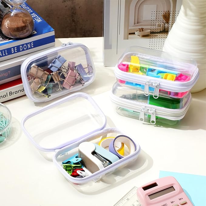 Hoolerry 4 Pcs Hard Clear Zipper Case Makeup Bags Plastic Zipper Pouch Transparent Storage Box Containers for Cosmetics, Snacks, Building Blocks, Puzzles(Clear,5 x 3 x 2 in,White)